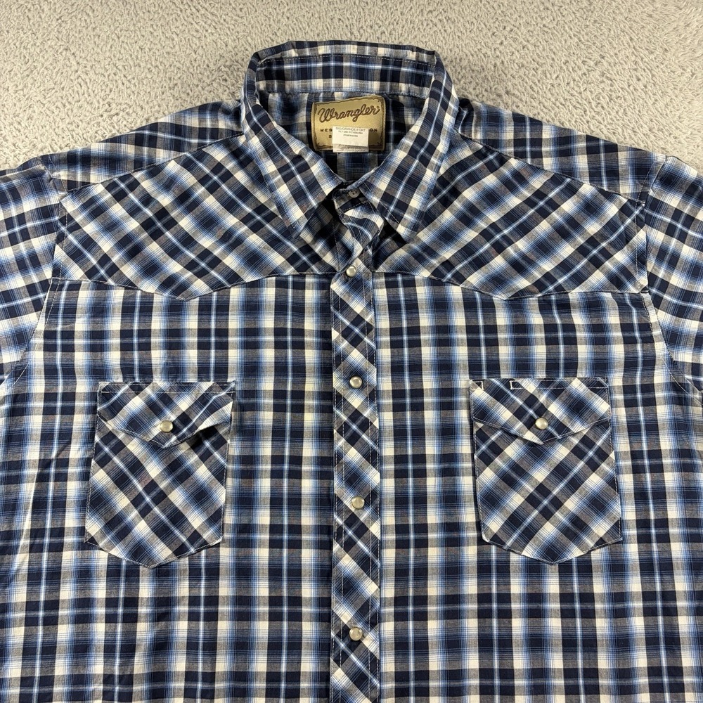 Wrangler Western Pearl Snap Button Up Shirt Mens 3x Plaid Blue Short Sleeve